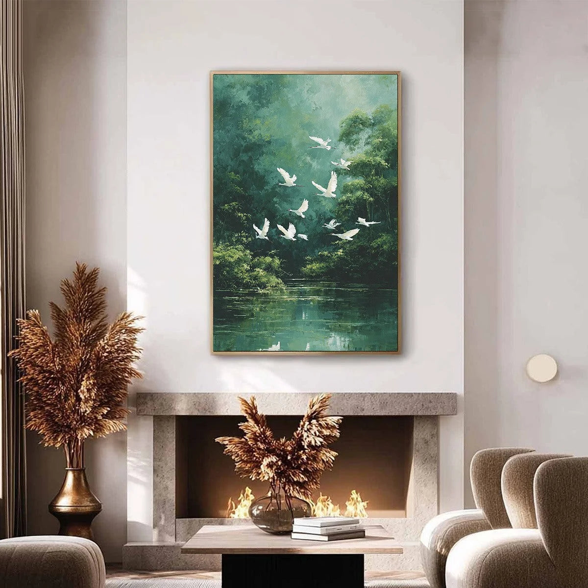 GREEN HAVEN: Serene Forest Landscape with Flying Egrets Painting | gold frame stretched on neutral wall