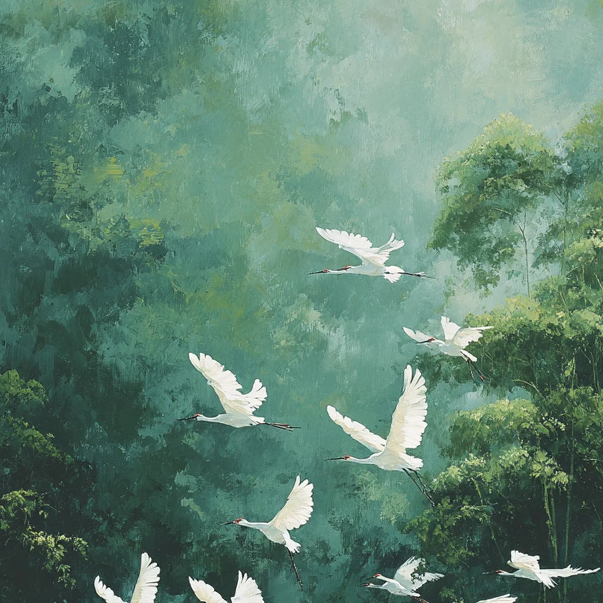 GREEN HAVEN: Serene Forest Landscape with Flying Egrets Painting | rolled canvas, ready for custom framing