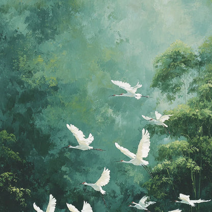 GREEN HAVEN: Serene Forest Landscape with Flying Egrets Painting | rolled canvas, ready for custom framing