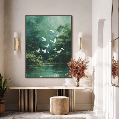GREEN HAVEN: Serene Forest Landscape with Flying Egrets Painting | black frame version on white wall