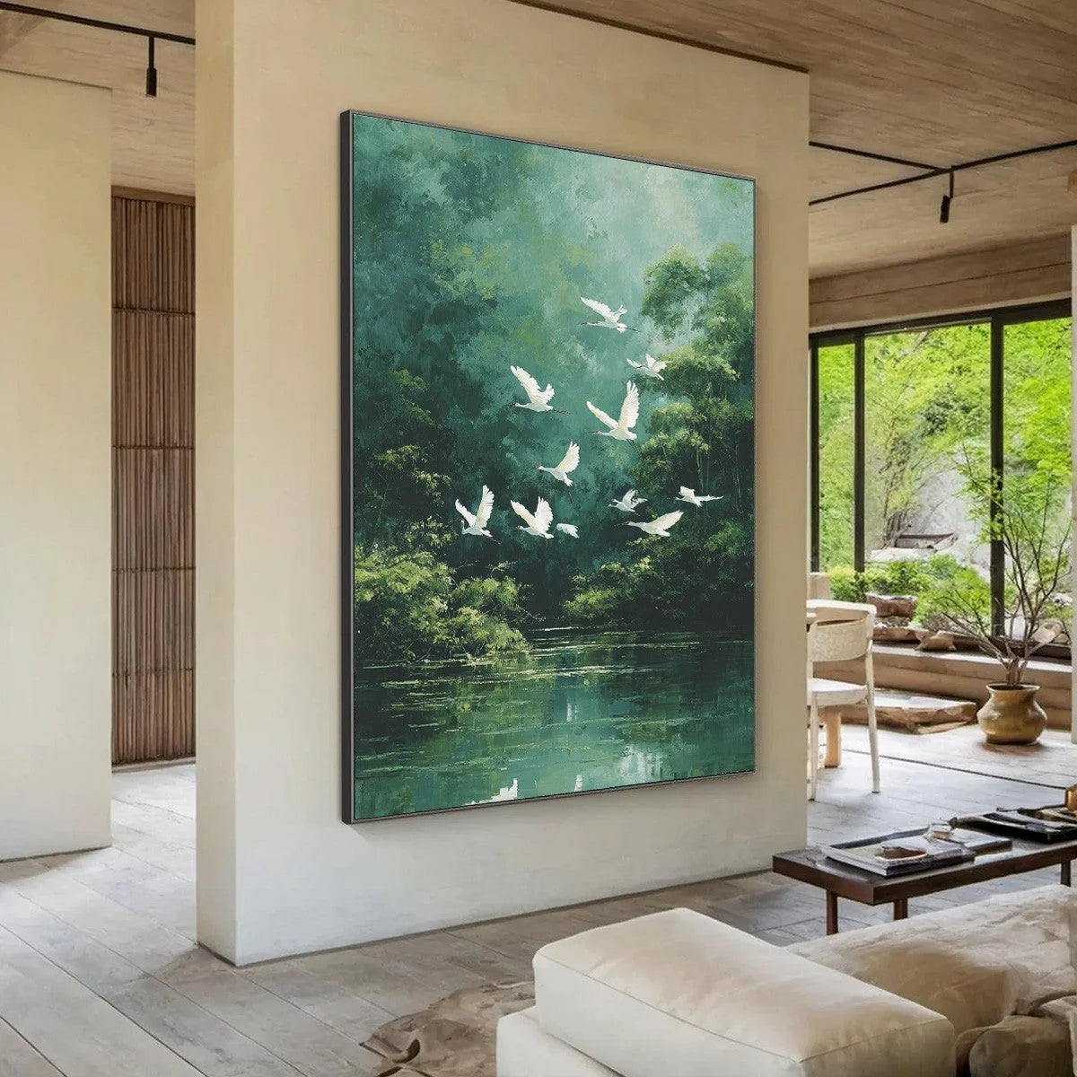 GREEN HAVEN: Serene Forest Landscape with Flying Egrets Painting | Landscape mood, soft natural light studio shot