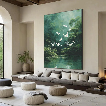 GREEN HAVEN: Serene Forest Landscape with Flying Egrets Painting | green palette, original oil on stretched canvas art
