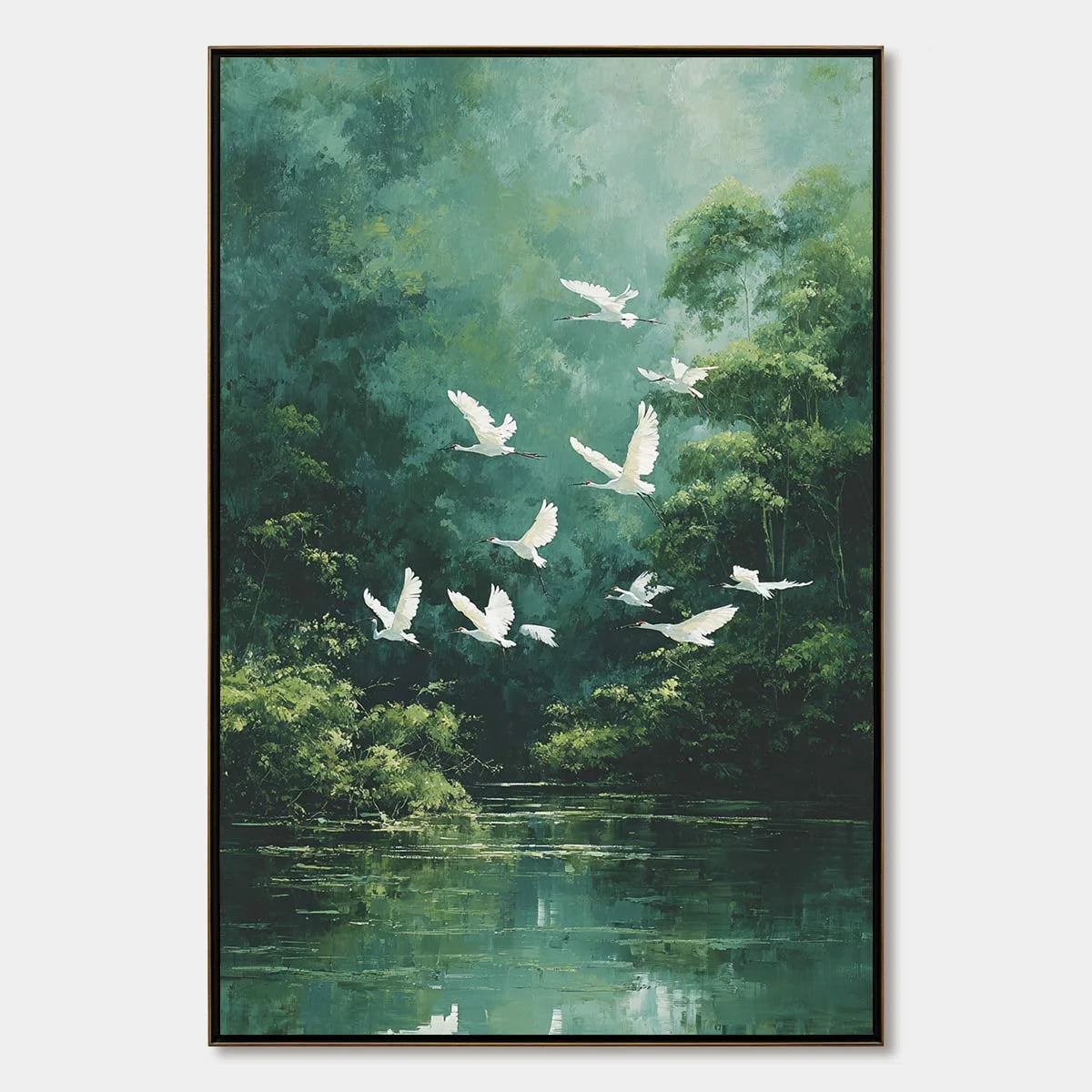 GREEN HAVEN: Serene Forest Landscape with Flying Egrets Painting | hanging in living room, Landscape wall art