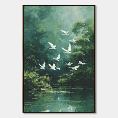 GREEN HAVEN: Serene Forest Landscape with Flying Egrets Painting | hanging in living room, Landscape wall art