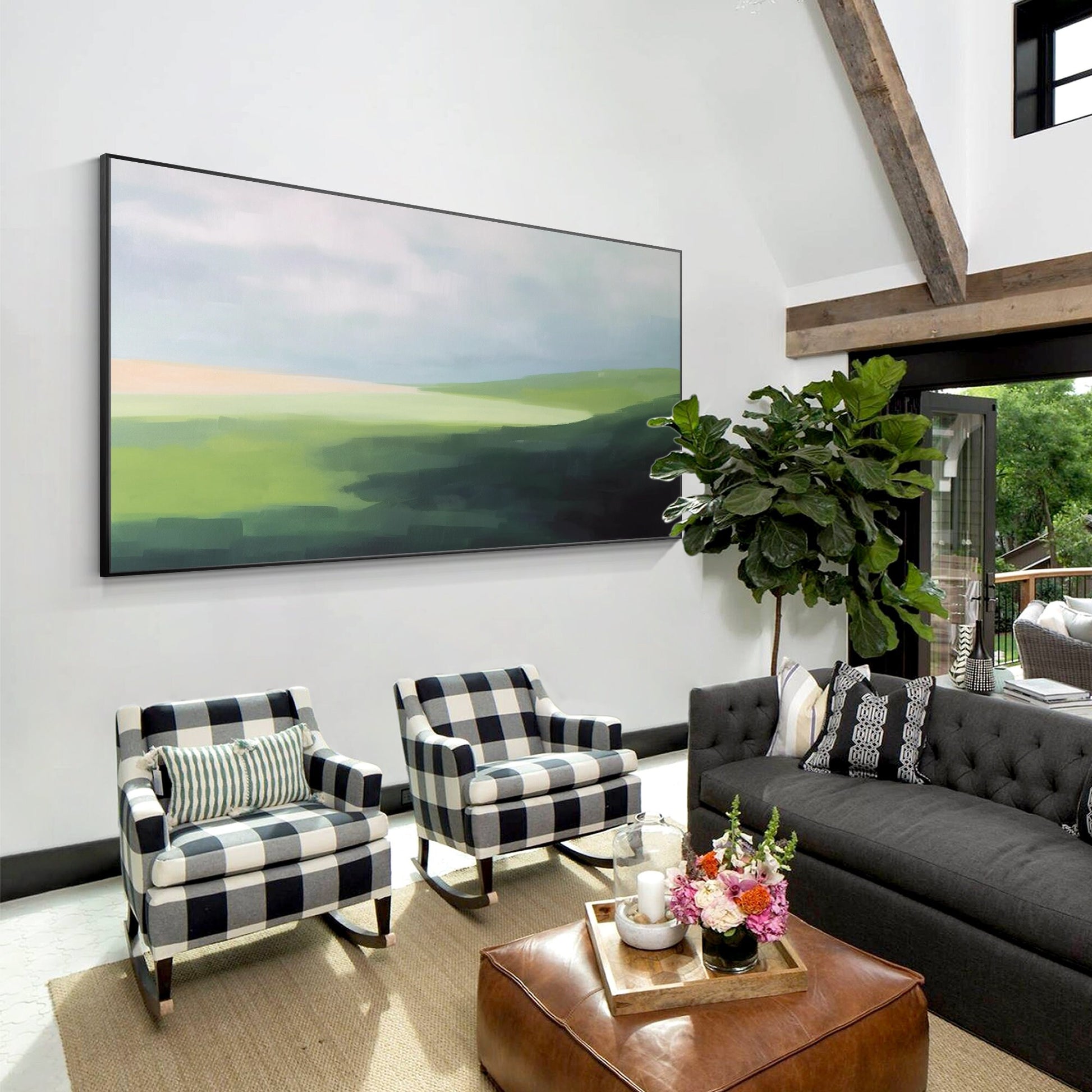 Green Mountain Landscape Painting: Abstract Acrylic Oversized Wall Art #5