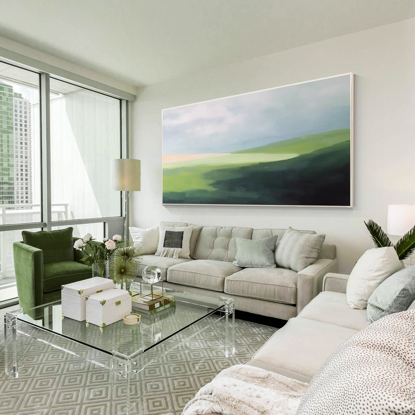 Green Mountain Landscape Painting: Abstract Acrylic Oversized Wall Art #1