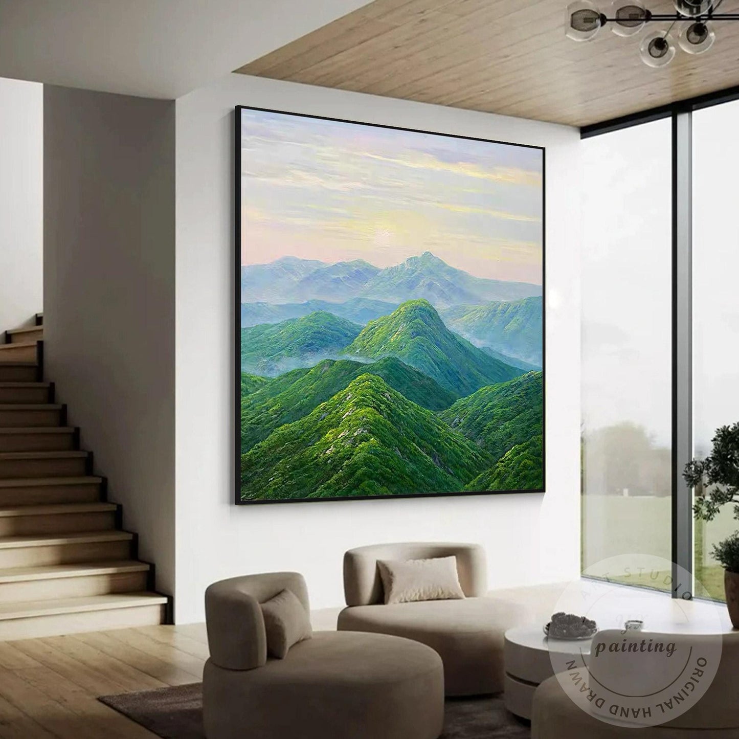 Green Mountain Landscape Wall Art – Serene Nature Canvas Painting, Modern Panora #2