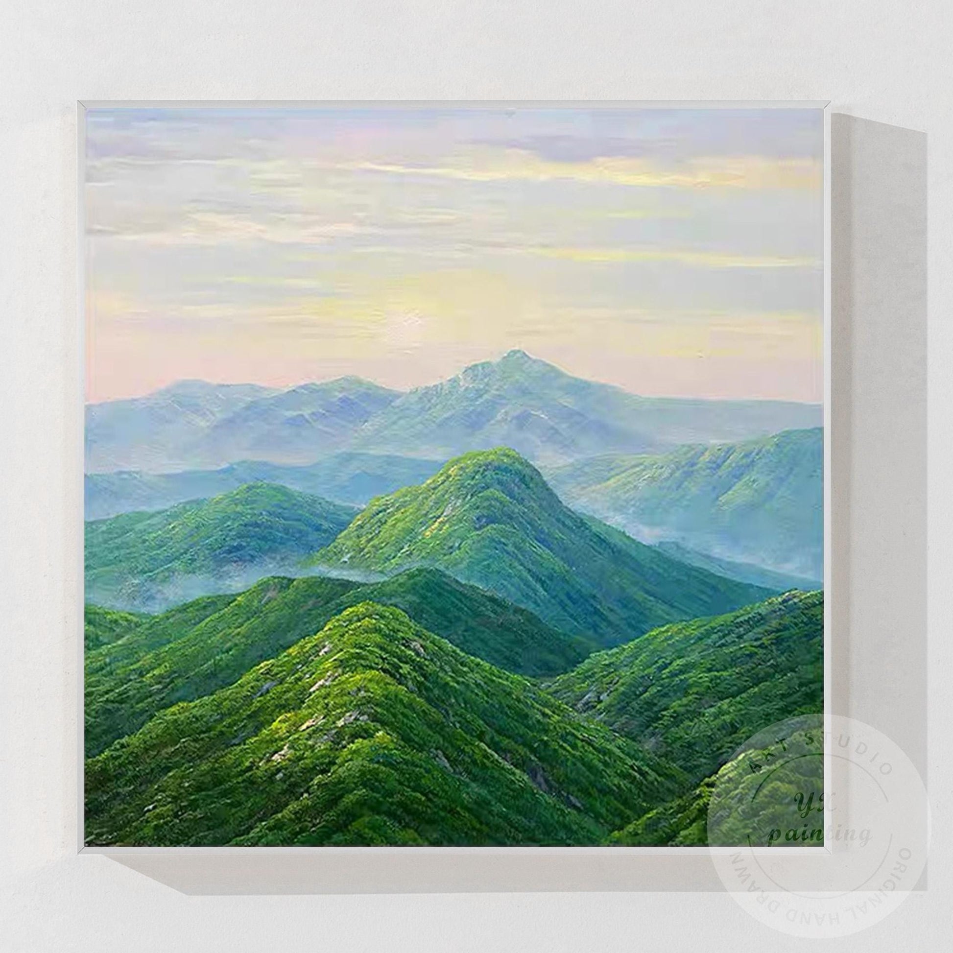 Green Mountain Landscape Wall Art – Serene Nature Canvas Painting, Modern Panora #11