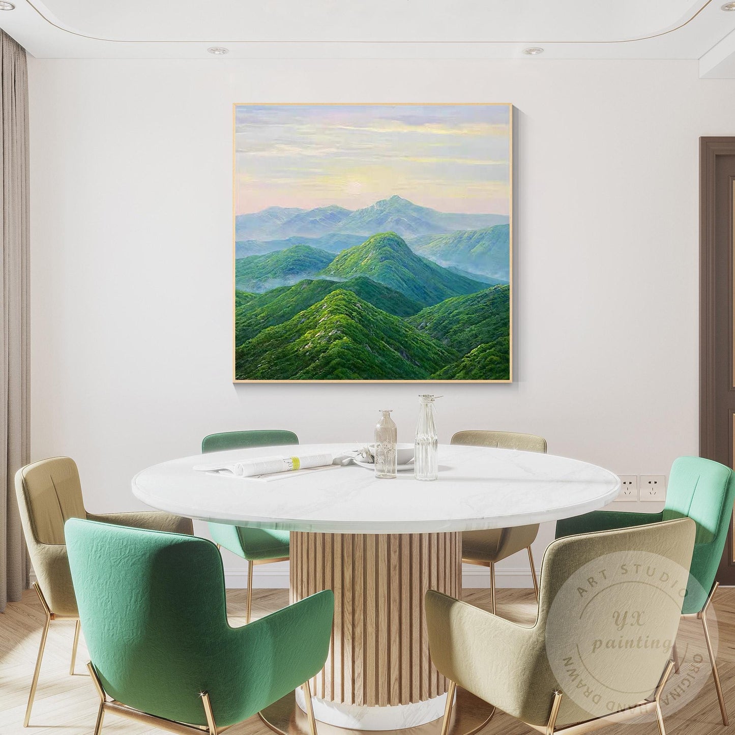 Green Mountain Landscape Wall Art – Serene Nature Canvas Painting, Modern Panora #3