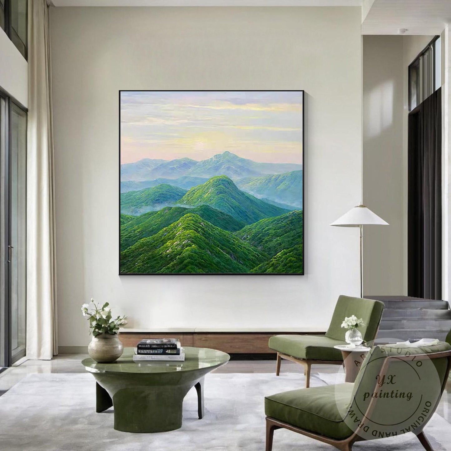 Green Mountain Landscape Wall Art – Serene Nature Canvas Painting, Modern Panora #4
