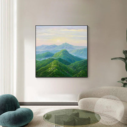 Green Mountain Landscape Wall Art – Serene Nature Canvas Painting, Modern Panora #5