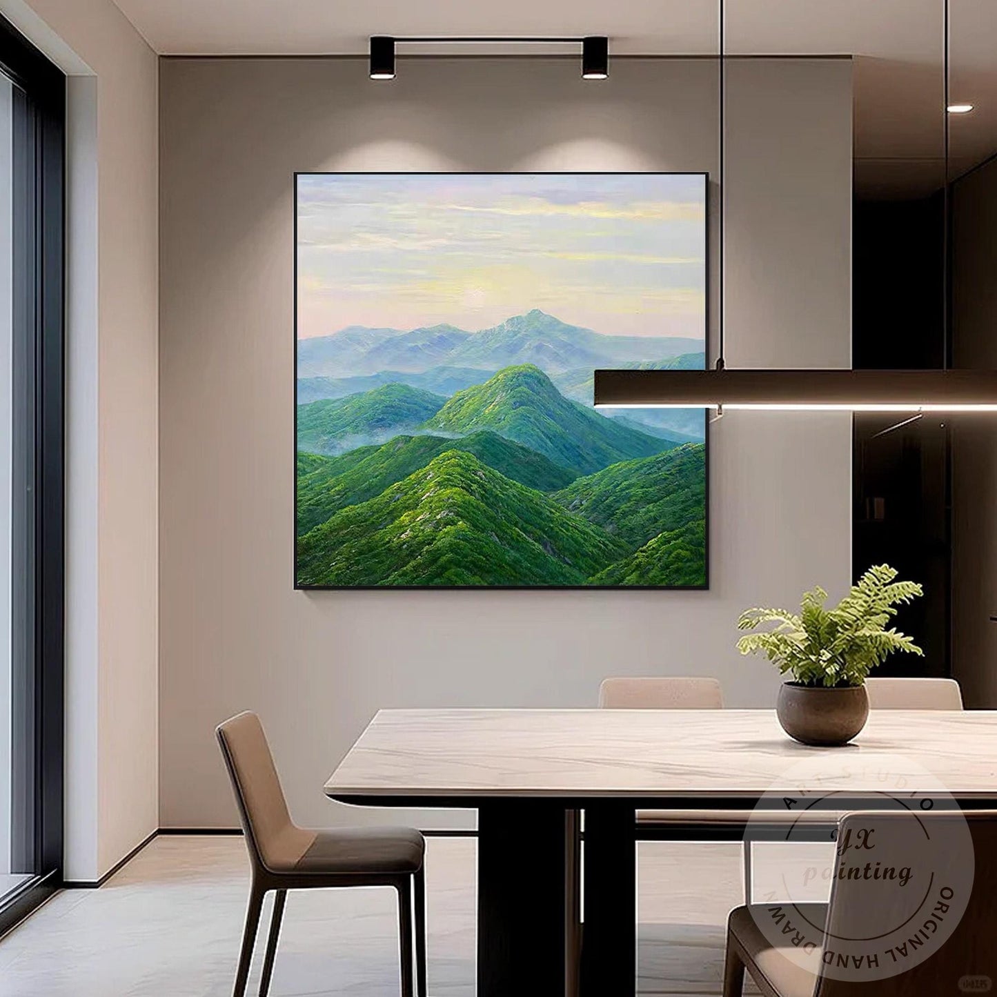 Green Mountain Landscape Wall Art – Serene Nature Canvas Painting, Modern Panora #6