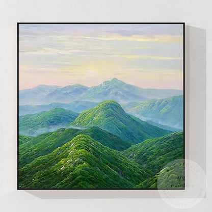 Green Mountain Landscape Wall Art – Serene Nature Canvas Painting, Modern Panora #8