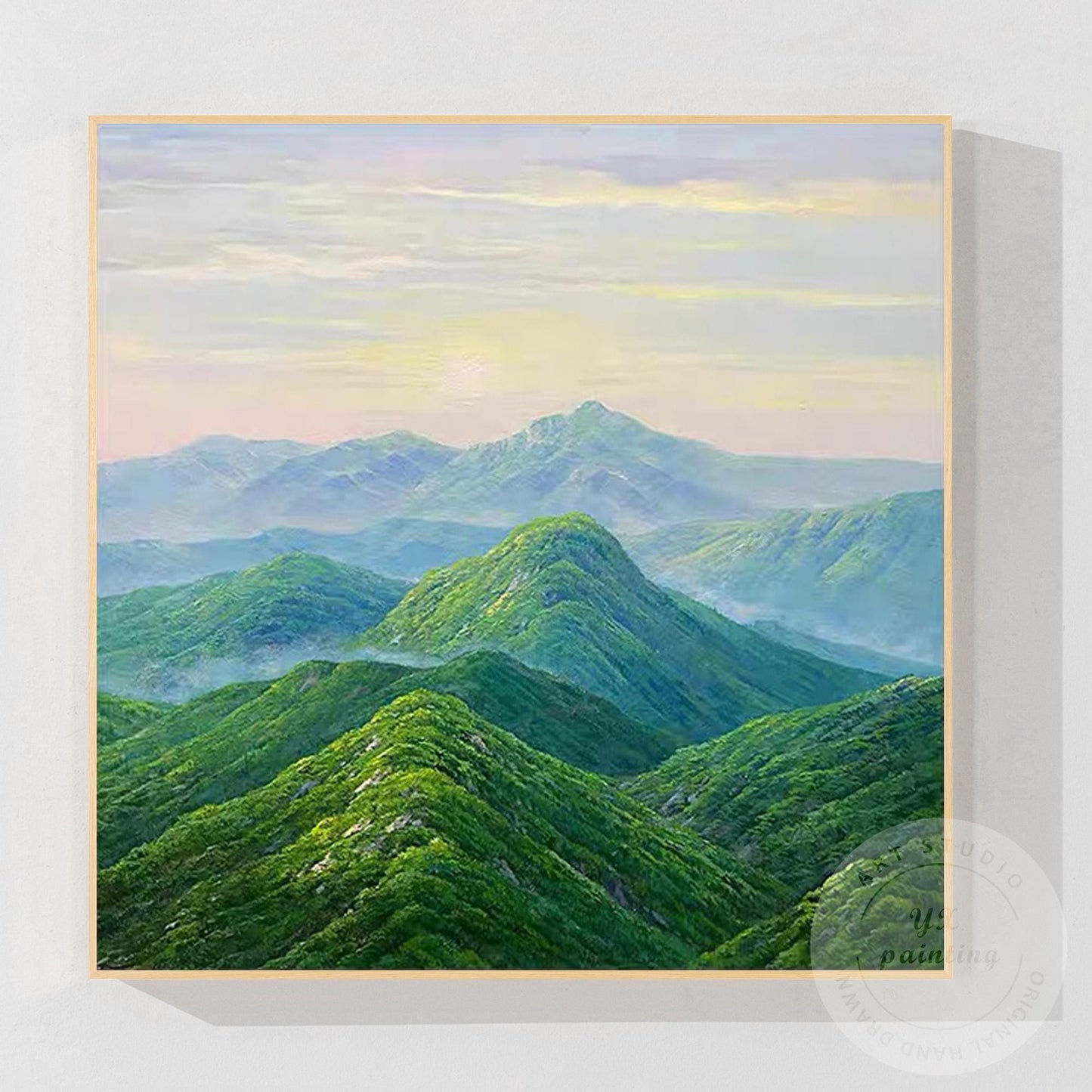 Green Mountain Landscape Wall Art – Serene Nature Canvas Painting, Modern Panora #9