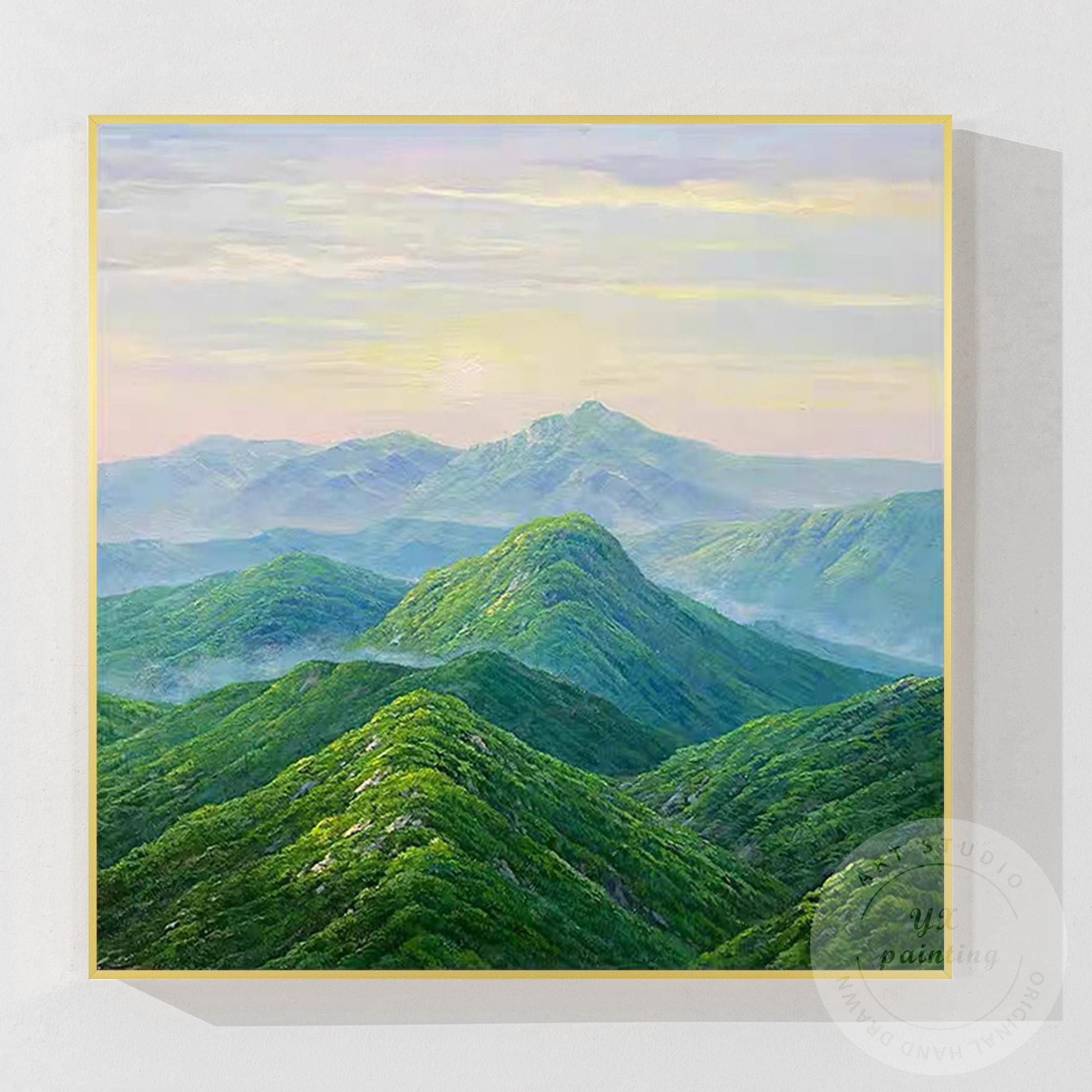 Green Mountain Landscape Wall Art – Serene Nature Canvas Painting, Modern Panora #10