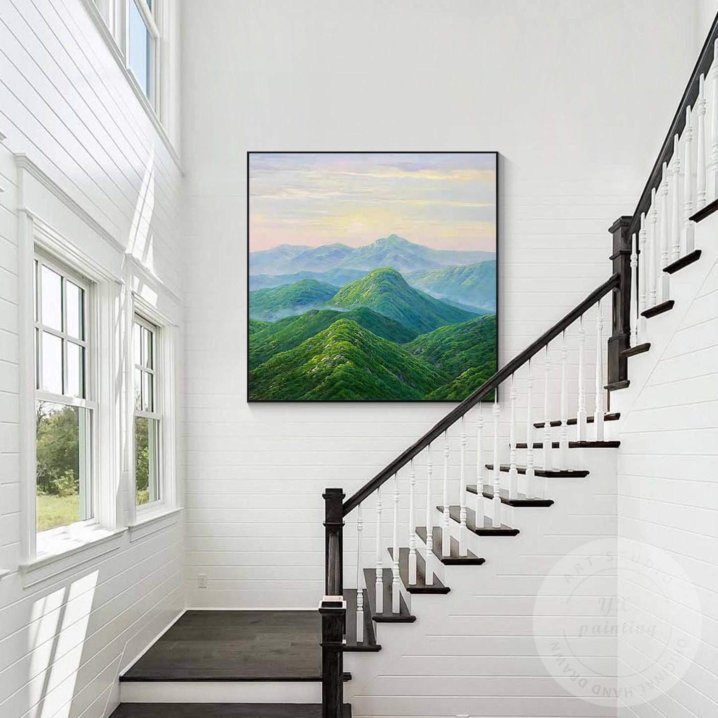 Green Mountain Landscape Wall Art – Serene Nature Canvas Painting, Modern Panora #1
