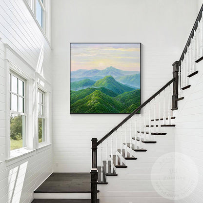 Green Mountain Landscape Wall Art – Serene Nature Canvas Painting, Modern Panora #1