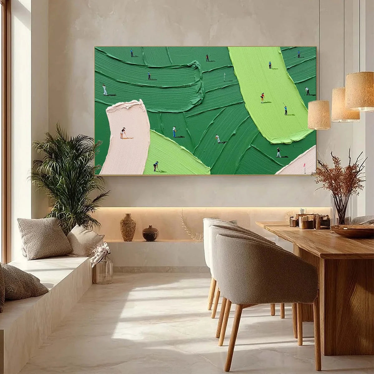GREEN SWING: Textured Impasto Golf Scene Painting | gold frame stretched on neutral wall