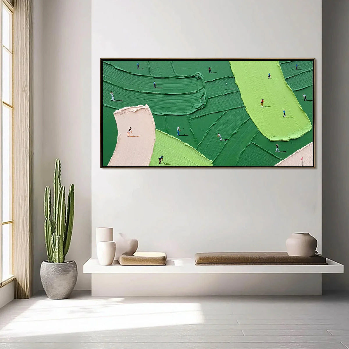 GREEN SWING: Textured Impasto Golf Scene Painting | black frame version on white wall