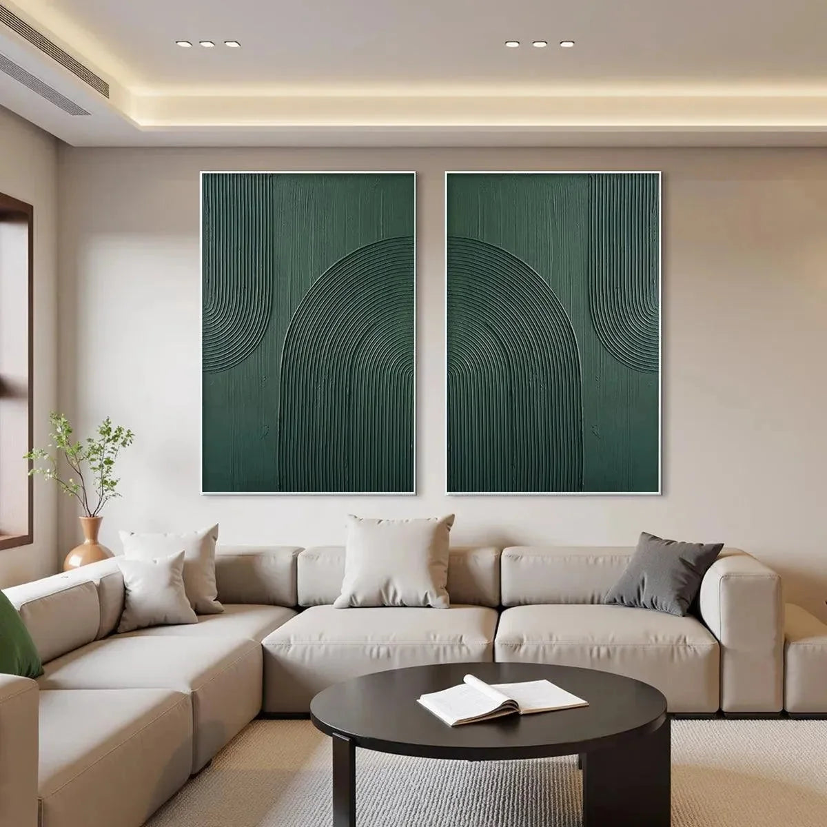 GREEN TEXTURED ARCHES DIPTYCH: Textured Abstract Painting Set of 2, Square Wall Art | Abstract closeup, raised brushwork detail