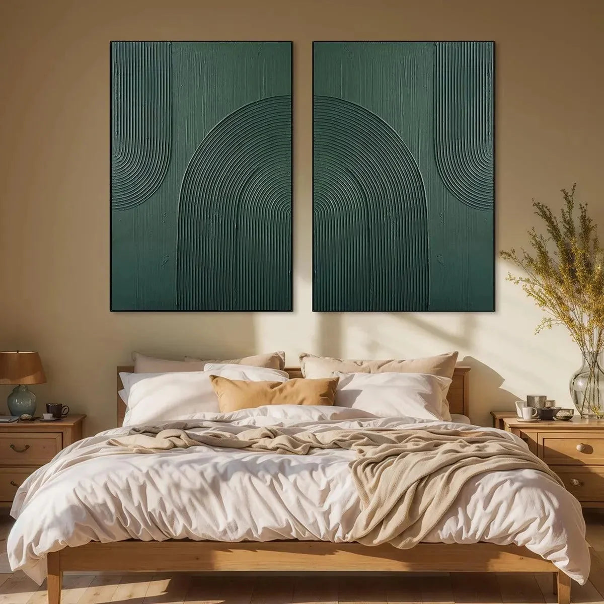 GREEN TEXTURED ARCHES DIPTYCH: Textured Abstract Painting Set of 2, Square Wall Art | gold frame stretched on neutral wall