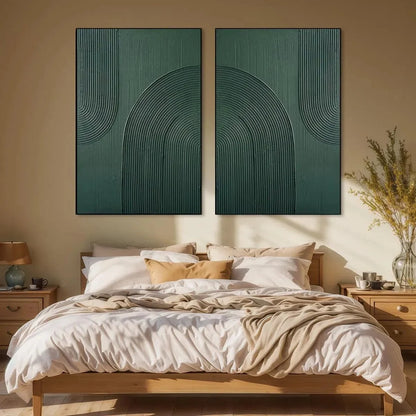 GREEN TEXTURED ARCHES DIPTYCH: Textured Abstract Painting Set of 2, Square Wall Art | gold frame stretched on neutral wall