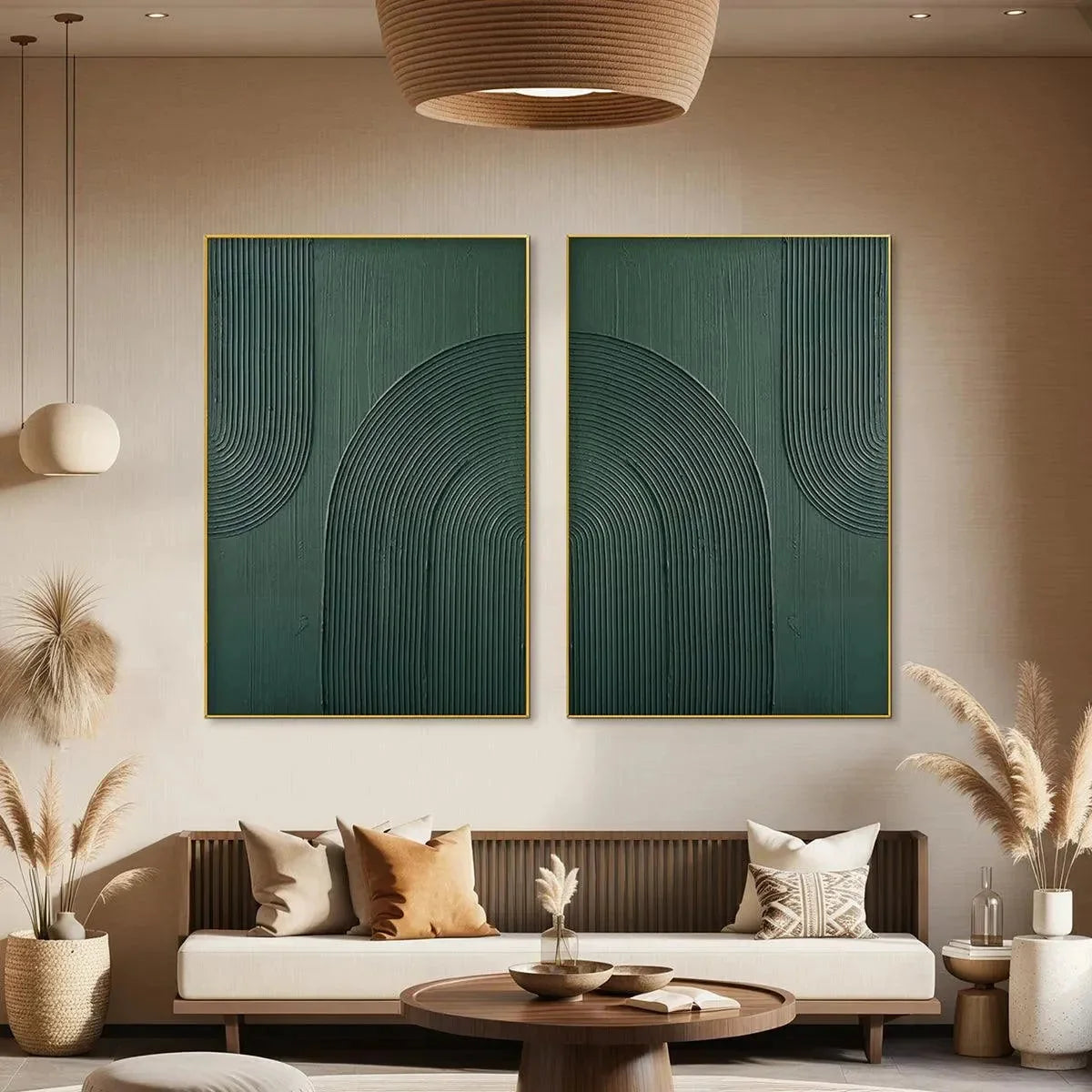 GREEN TEXTURED ARCHES DIPTYCH: Textured Abstract Painting Set of 2, Square Wall Art | rolled canvas, ready for custom framing
