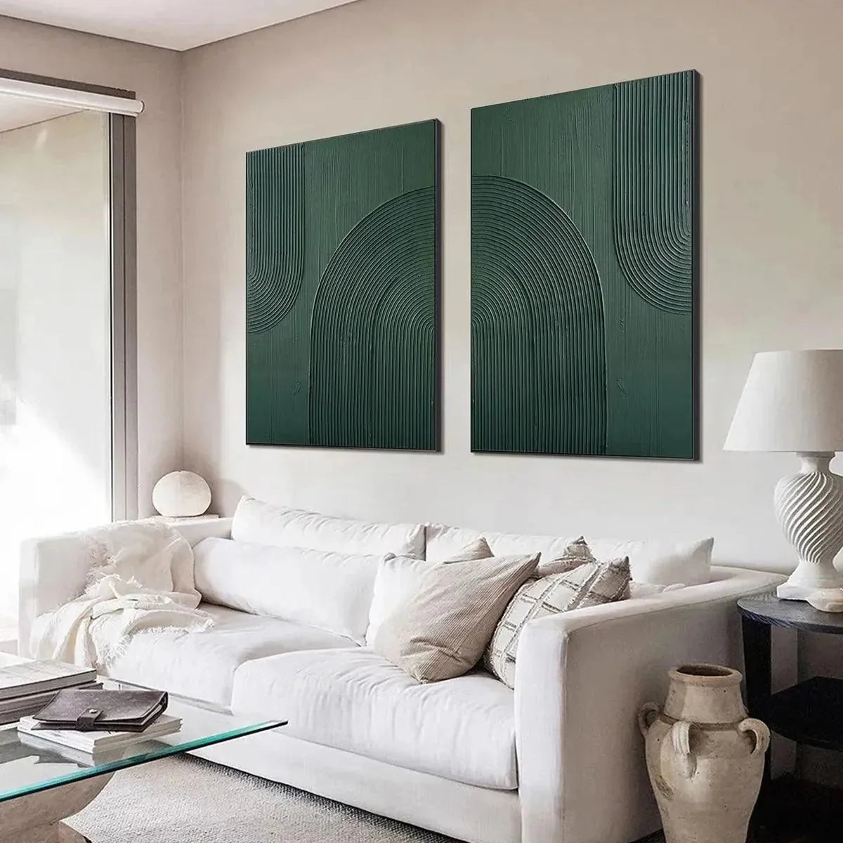 GREEN TEXTURED ARCHES DIPTYCH: Textured Abstract Painting Set of 2, Square Wall Art | black frame version on white wall