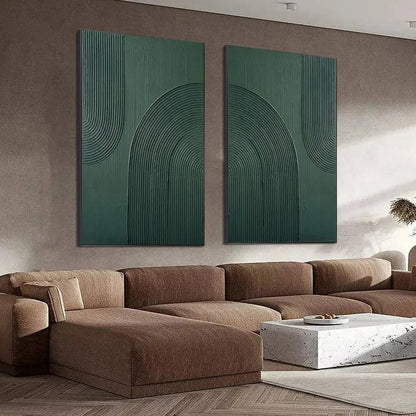 GREEN TEXTURED ARCHES DIPTYCH: Textured Abstract Painting Set of 2, Square Wall Art | Abstract mood, soft natural light studio shot