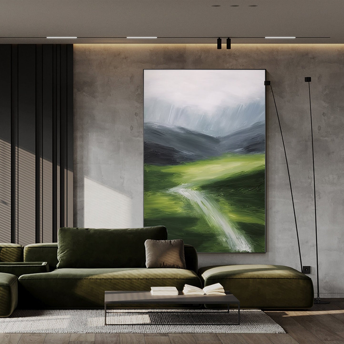 Green Textured mountain river wall art abstract painting on canvas green gray mo #4