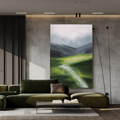 Green Textured mountain river wall art abstract painting on canvas green gray mo #4