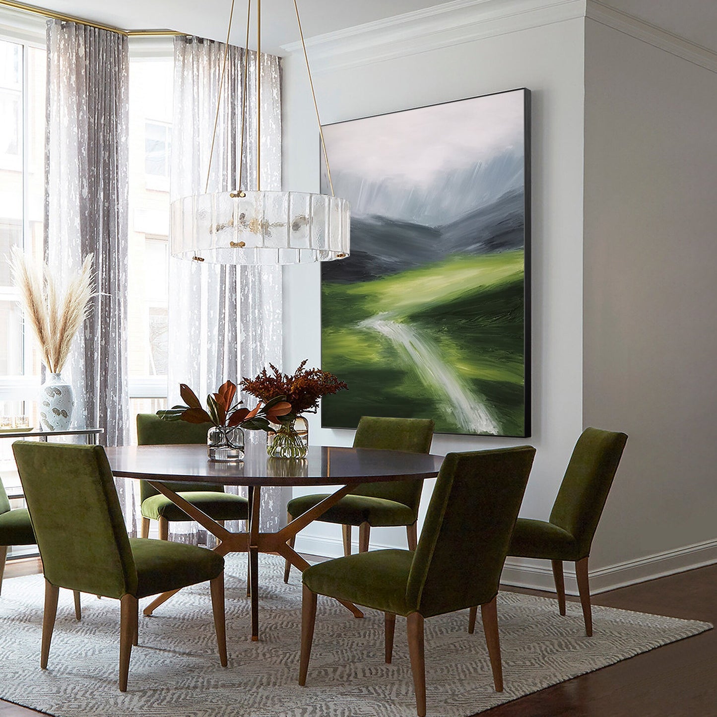 Green Textured mountain river wall art abstract painting on canvas green gray mo #5