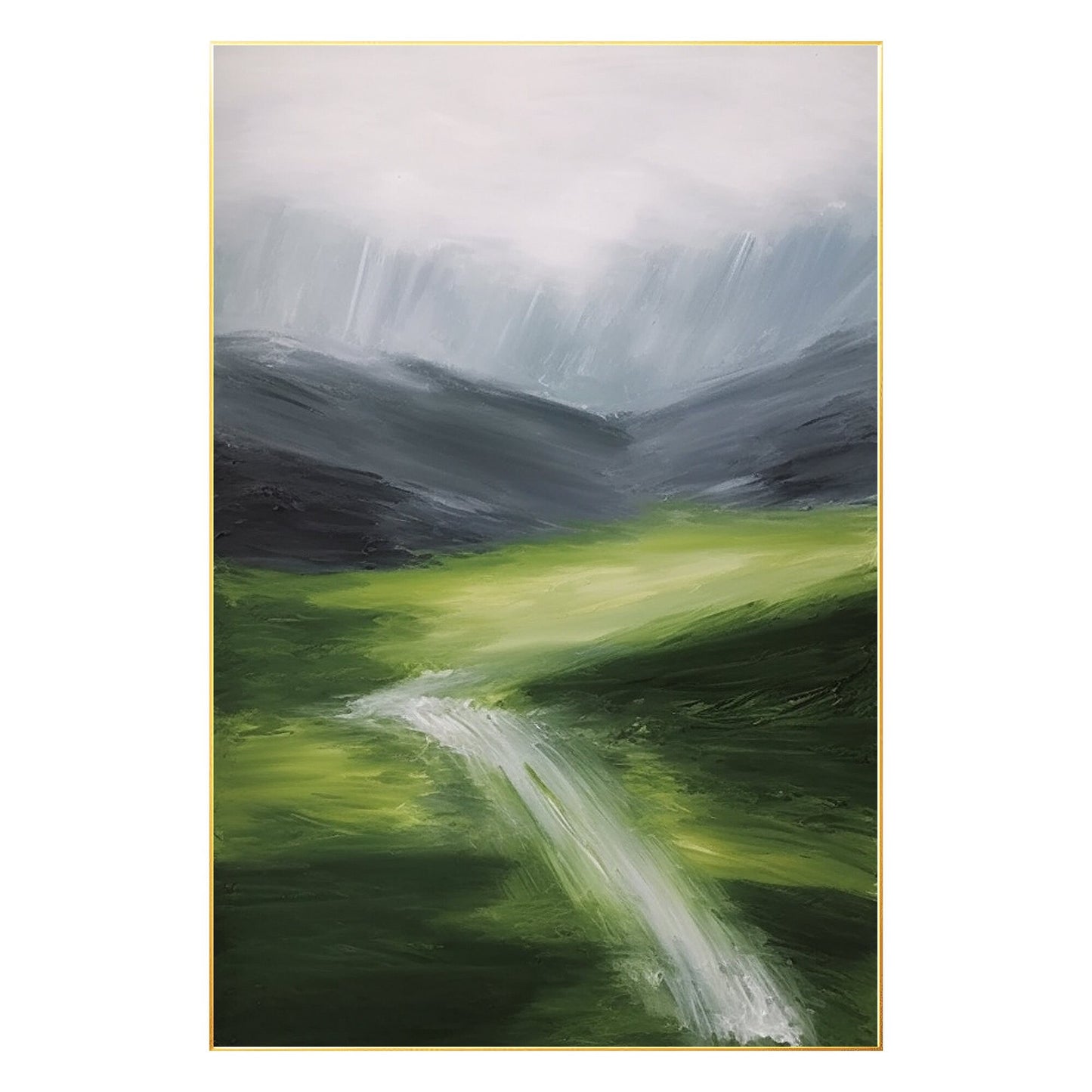 Green Textured mountain river wall art abstract painting on canvas green gray mo #7