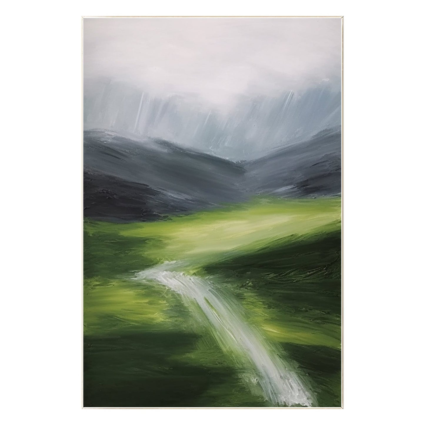 Green Textured mountain river wall art abstract painting on canvas green gray mo #8