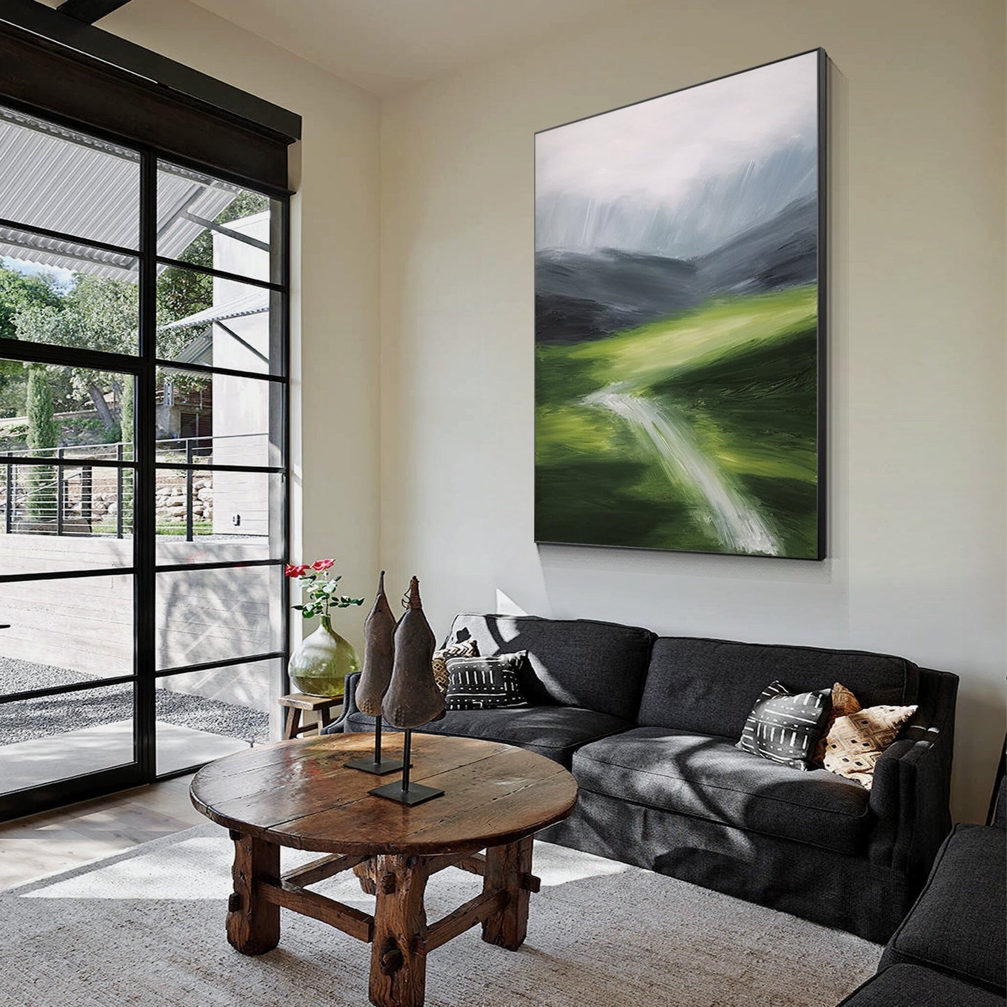 Green Textured mountain river wall art abstract painting on canvas green gray mo #1