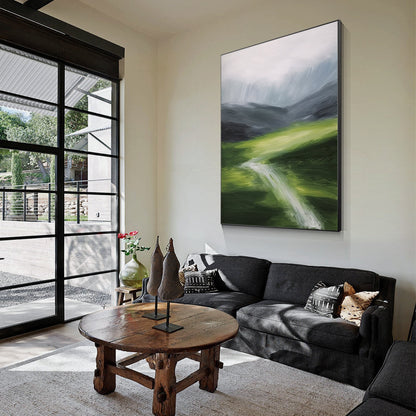 Green Textured mountain river wall art abstract painting on canvas green gray mo #1