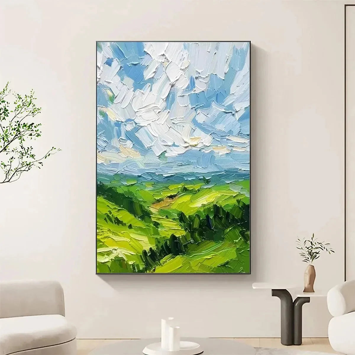GREEN VALLEY VISTA: Textured Landscape Painting, Impasto Wall Art, Vertical Canvas, Nature Decor | Landscape closeup, raised brushwork detail