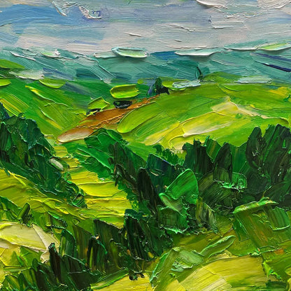 GREEN VALLEY VISTA: Textured Landscape Painting, Impasto Wall Art, Vertical Canvas, Nature Decor | rectangular format, hand-painted canvas edge