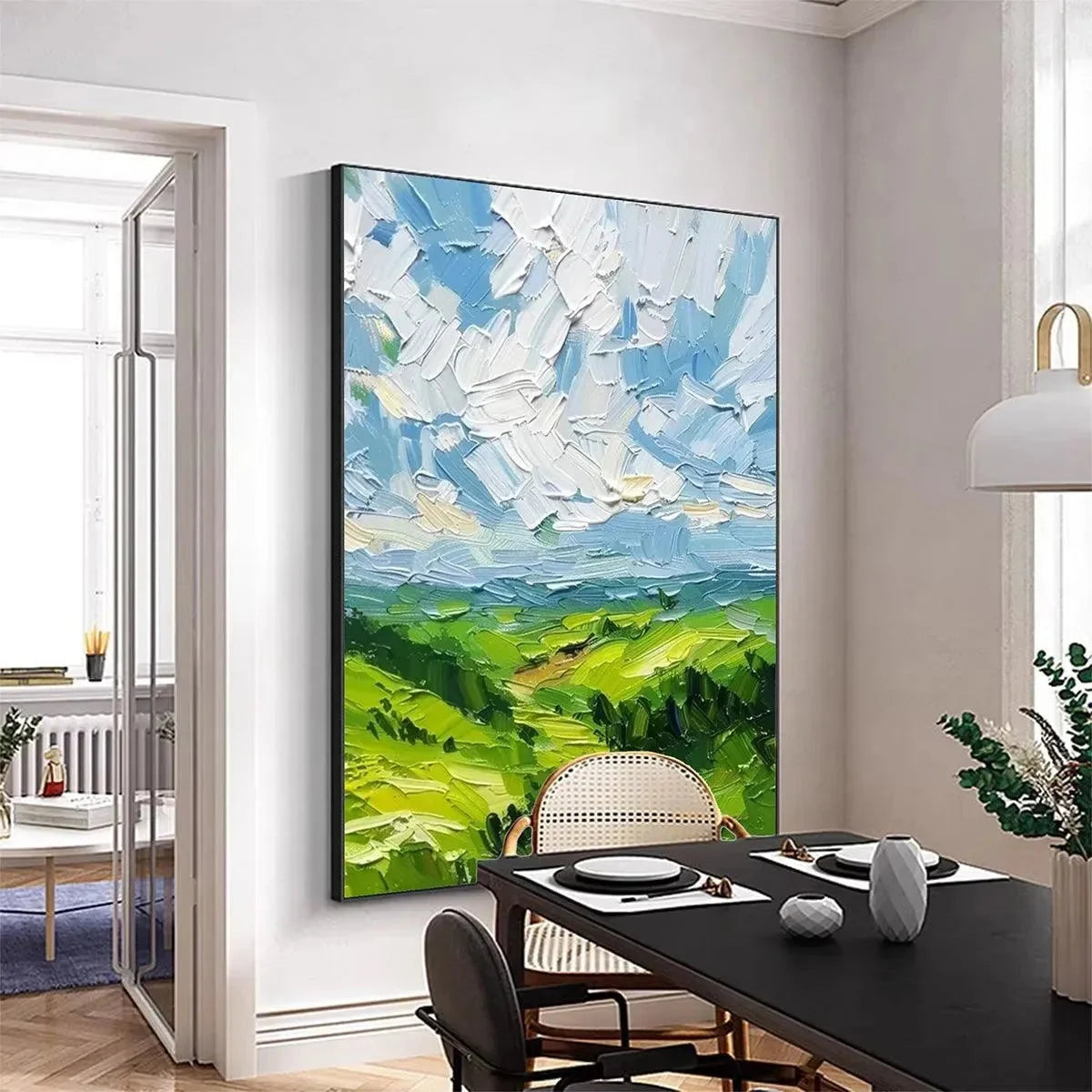 GREEN VALLEY VISTA: Textured Landscape Painting, Impasto Wall Art, Vertical Canvas, Nature Decor | gold frame stretched on neutral wall