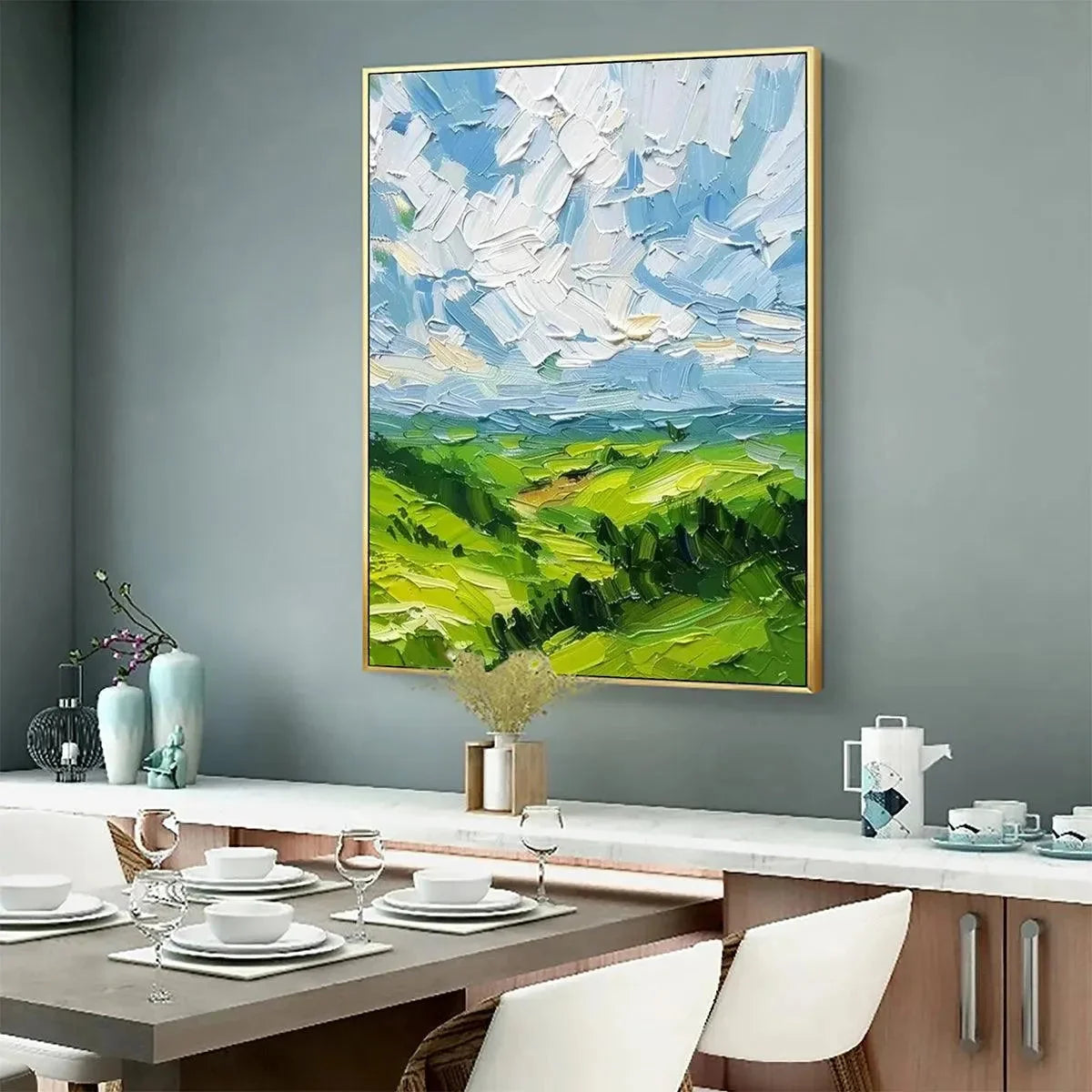 GREEN VALLEY VISTA: Textured Landscape Painting, Impasto Wall Art, Vertical Canvas, Nature Decor | rolled canvas, ready for custom framing