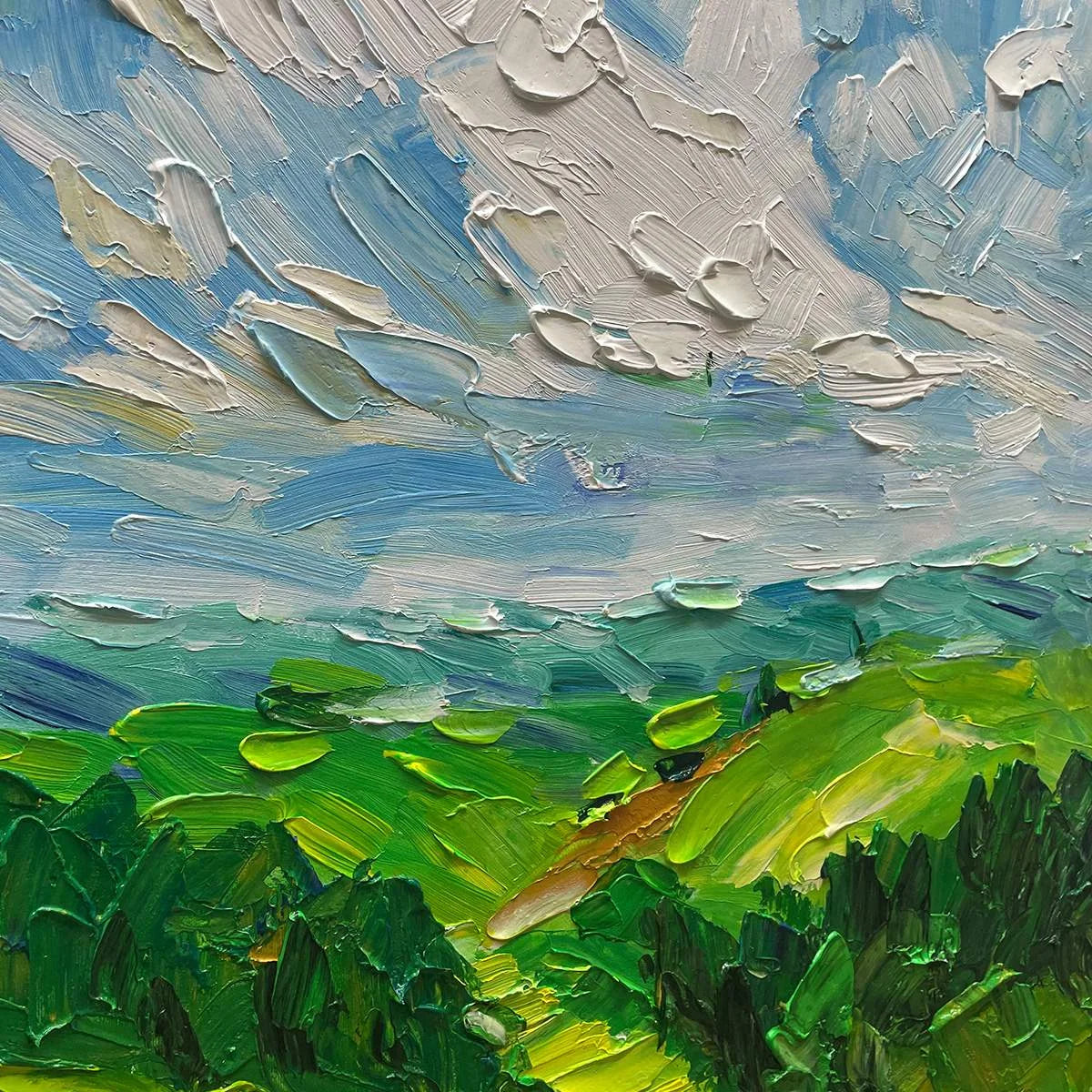 GREEN VALLEY VISTA: Textured Landscape Painting, Impasto Wall Art, Vertical Canvas, Nature Decor | black frame version on white wall