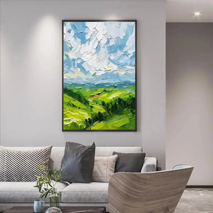 GREEN VALLEY VISTA: Textured Landscape Painting, Impasto Wall Art, Vertical Canvas, Nature Decor | Landscape mood, soft natural light studio shot