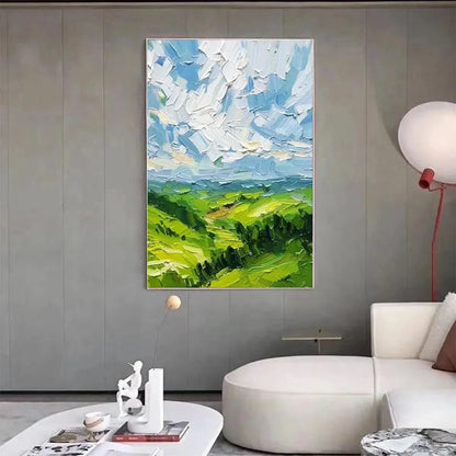 GREEN VALLEY VISTA: Textured Landscape Painting, Impasto Wall Art, Vertical Canvas, Nature Decor | green palette, original oil on stretched canvas art