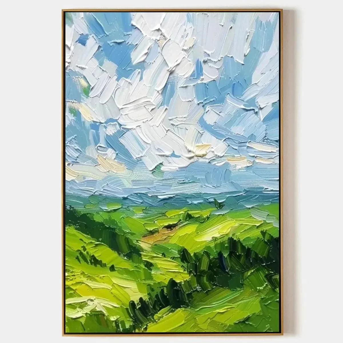 GREEN VALLEY VISTA: Textured Landscape Painting, Impasto Wall Art, Vertical Canvas, Nature Decor | hanging in living room, Landscape wall art