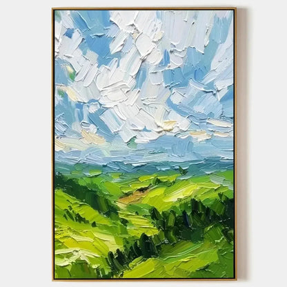 GREEN VALLEY VISTA: Textured Landscape Painting, Impasto Wall Art, Vertical Canvas, Nature Decor | hanging in living room, Landscape wall art