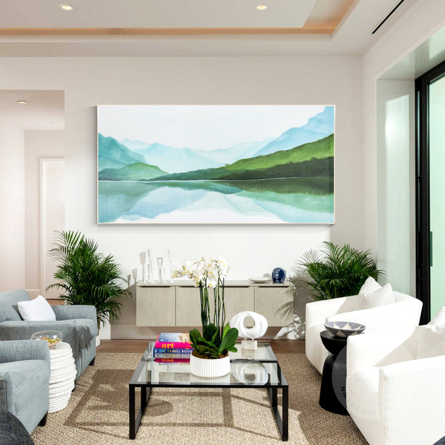 Green Watercolor Mountain Landscape Painting: Extra Large Wall Art #2