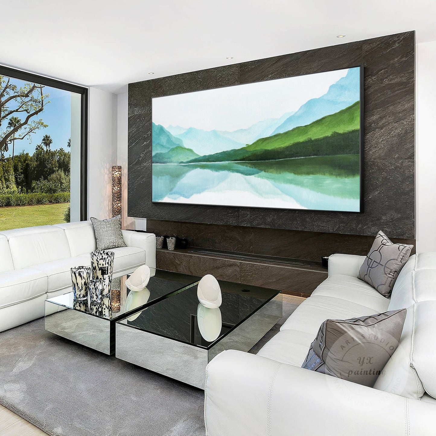 Green Watercolor Mountain Landscape Painting: Extra Large Wall Art #3