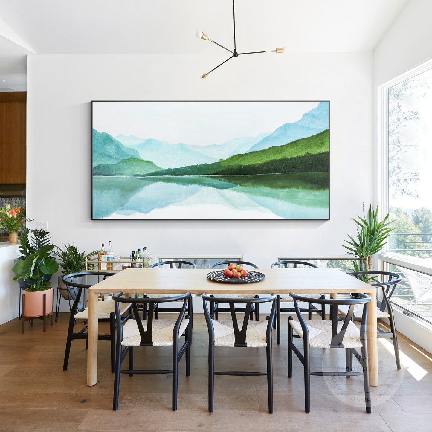 Green Watercolor Mountain Landscape Painting: Extra Large Wall Art #4