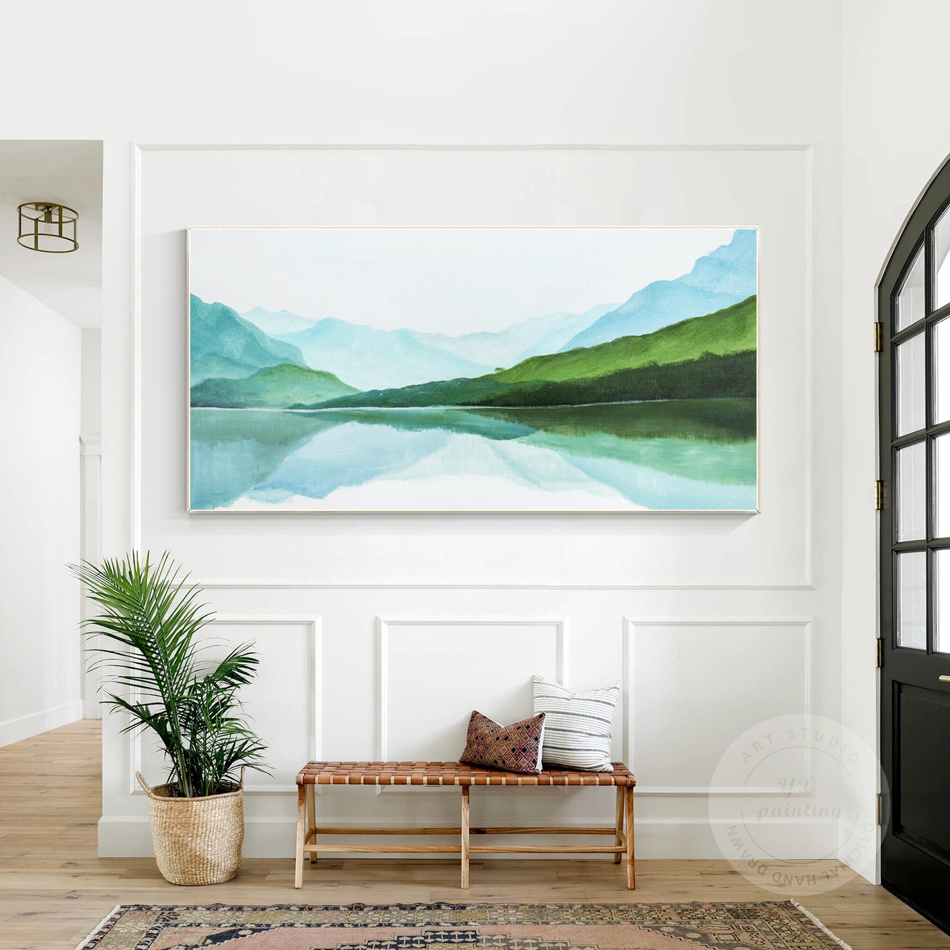 Green Watercolor Mountain Landscape Painting: Extra Large Wall Art #5