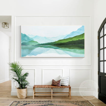 Green Watercolor Mountain Landscape Painting: Extra Large Wall Art #5